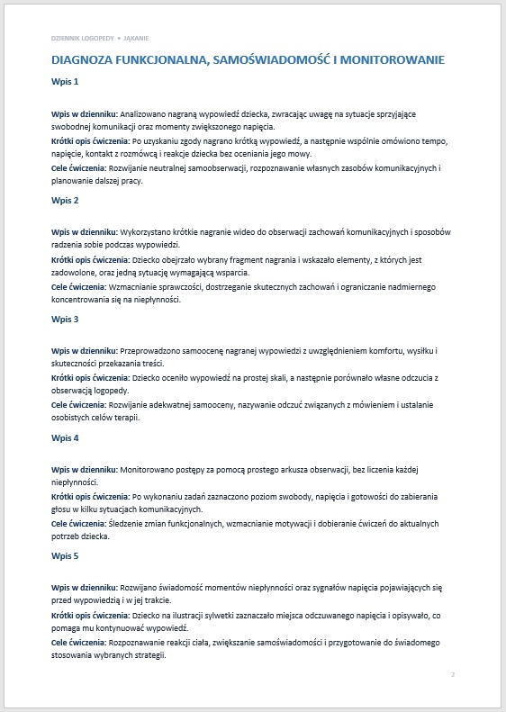 Przykładowe wpisy do dziennika logopedy - jąkanie - przykład