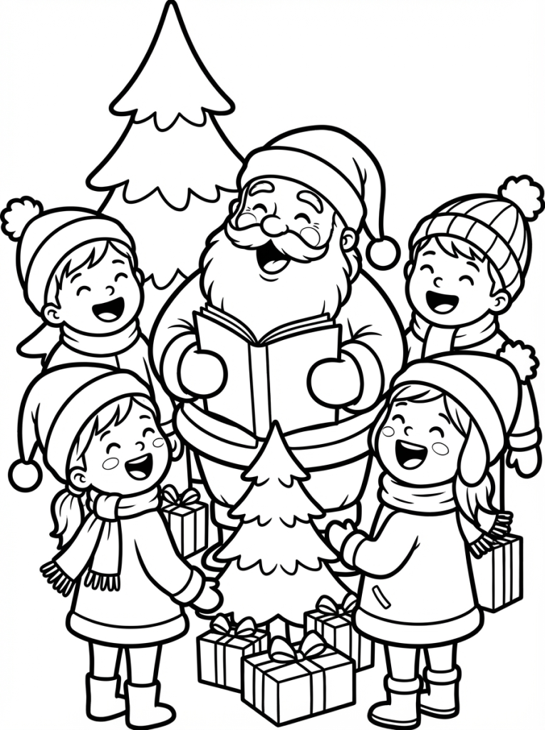 Mikołaj i dzieci śpiewające kolędy