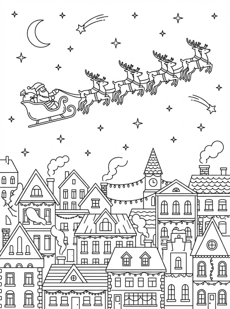 Mikołaj lecący nad miastem nocą