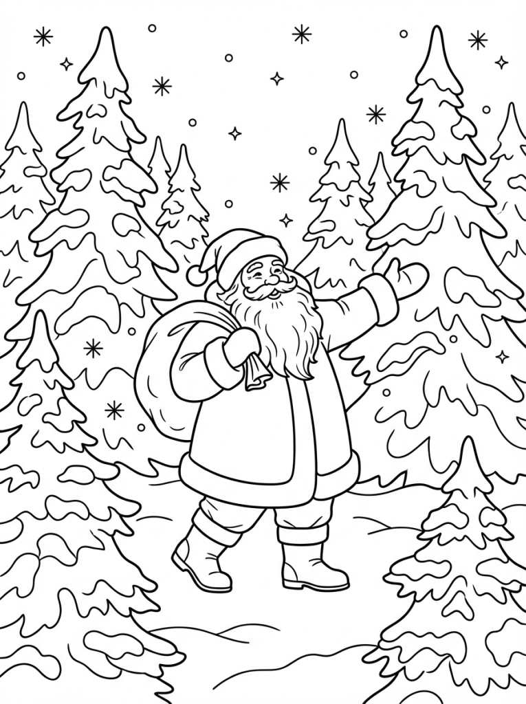 Mikołaj w lesie zimowym z choinkami (3)