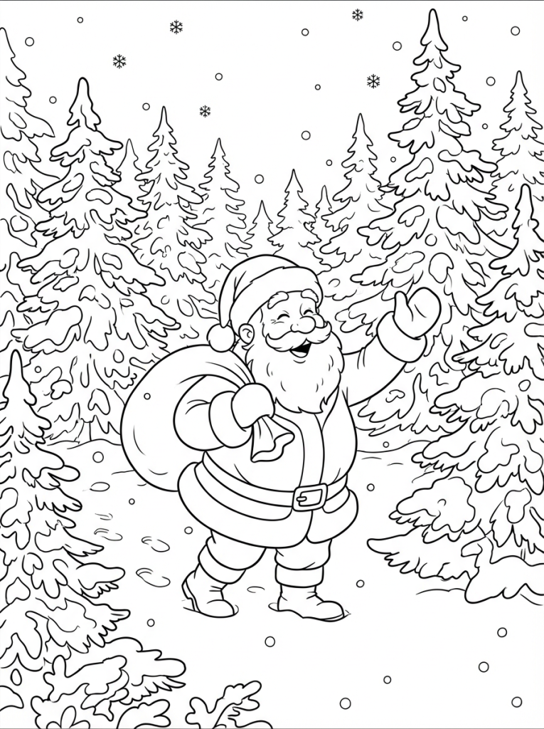 Mikołaj w lesie zimowym z choinkami