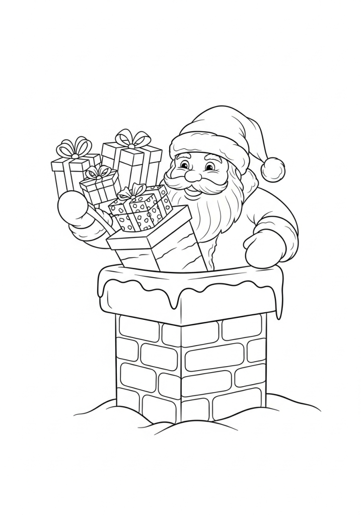 Mikołaj wchodzący przez komin, by zostawić prezenty pod choinką