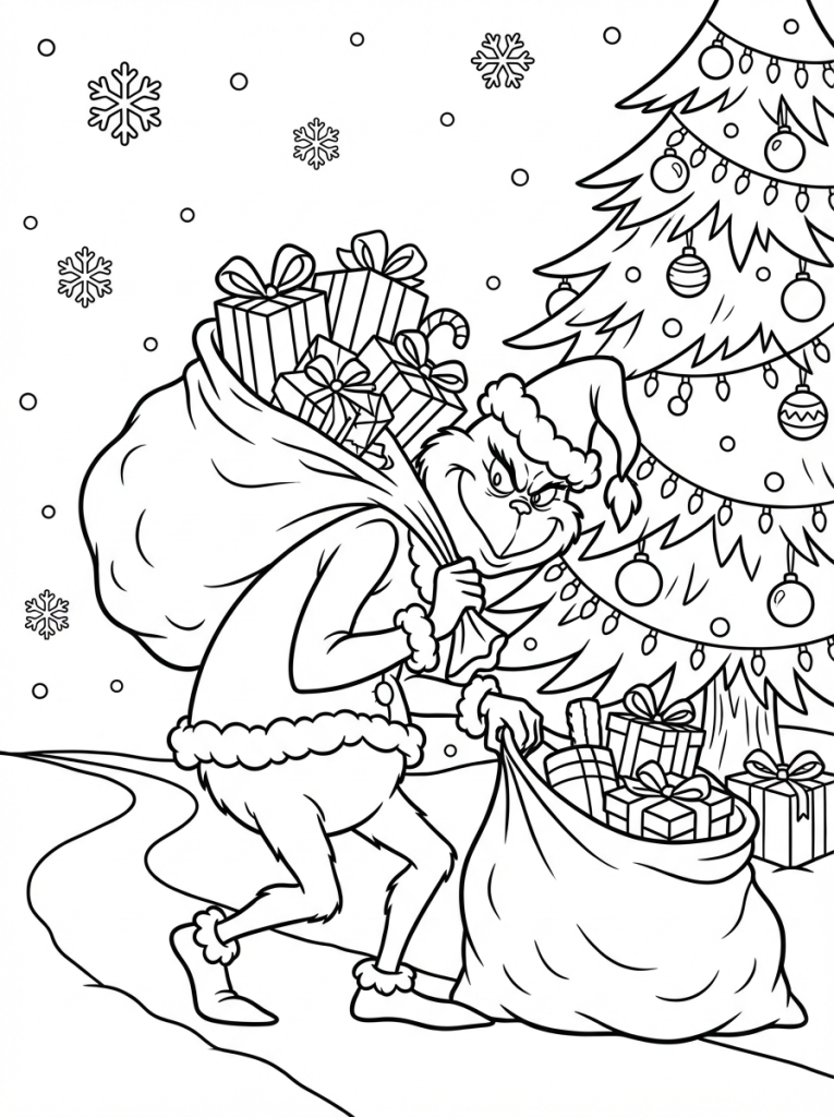 Postać Grinch kradnie prezenty