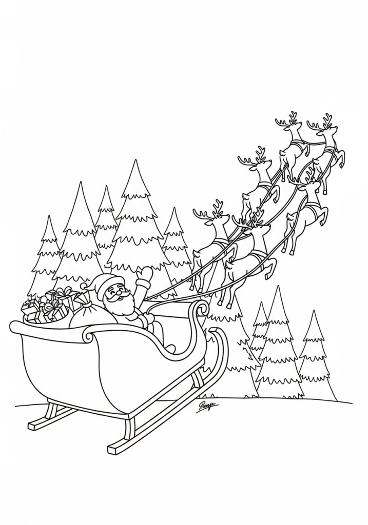 Sanie Św. Mikołaja na tle choinek
