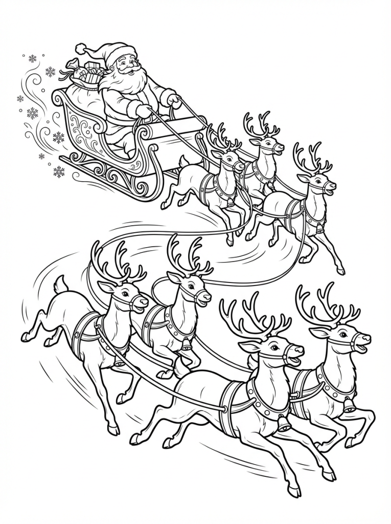 Święty Mikołaj jedzie szybko na saniach, widać renifery (1)