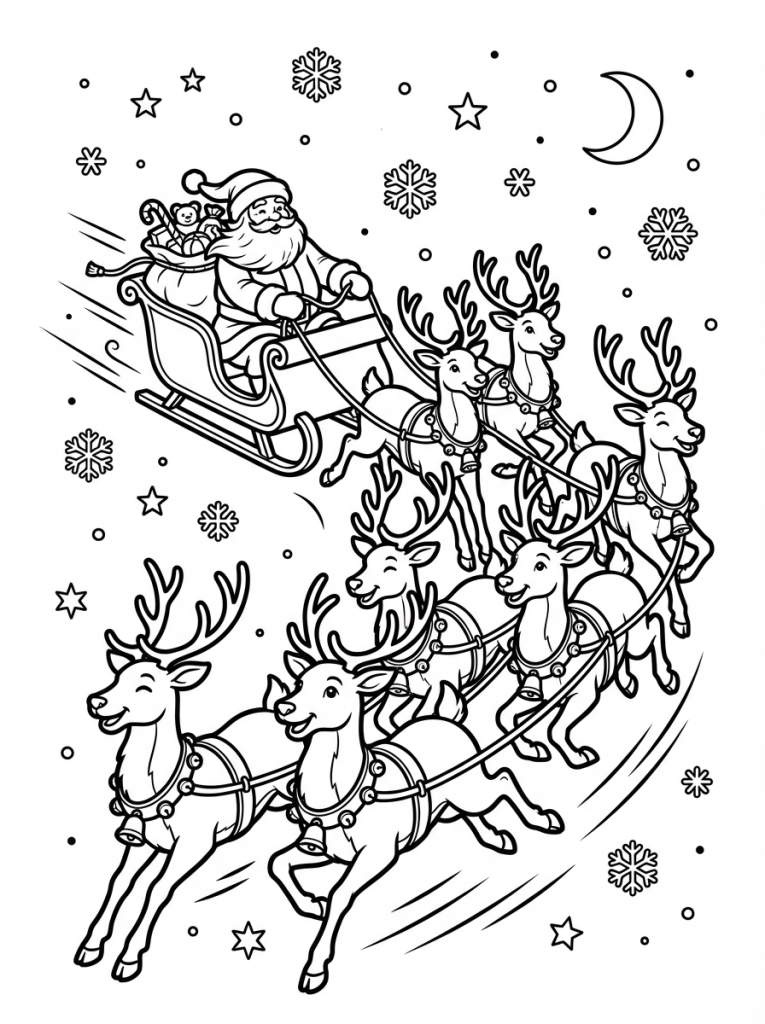 Święty Mikołaj jedzie szybko na saniach, widać renifery