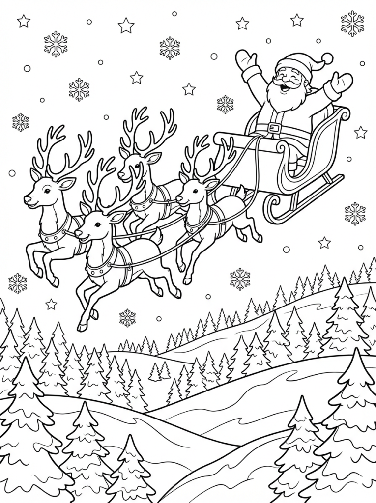Święty Mikołaj jedzie szybko na saniach, widać renifery i choinki (1)