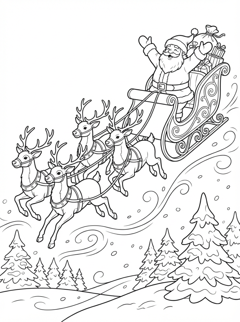 Święty Mikołaj jedzie szybko na saniach, widać renifery i choinki (2)