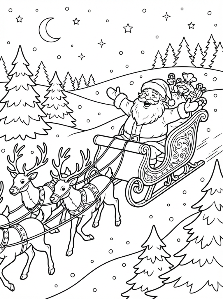 Święty Mikołaj jedzie szybko na saniach, widać renifery i choinki (3)
