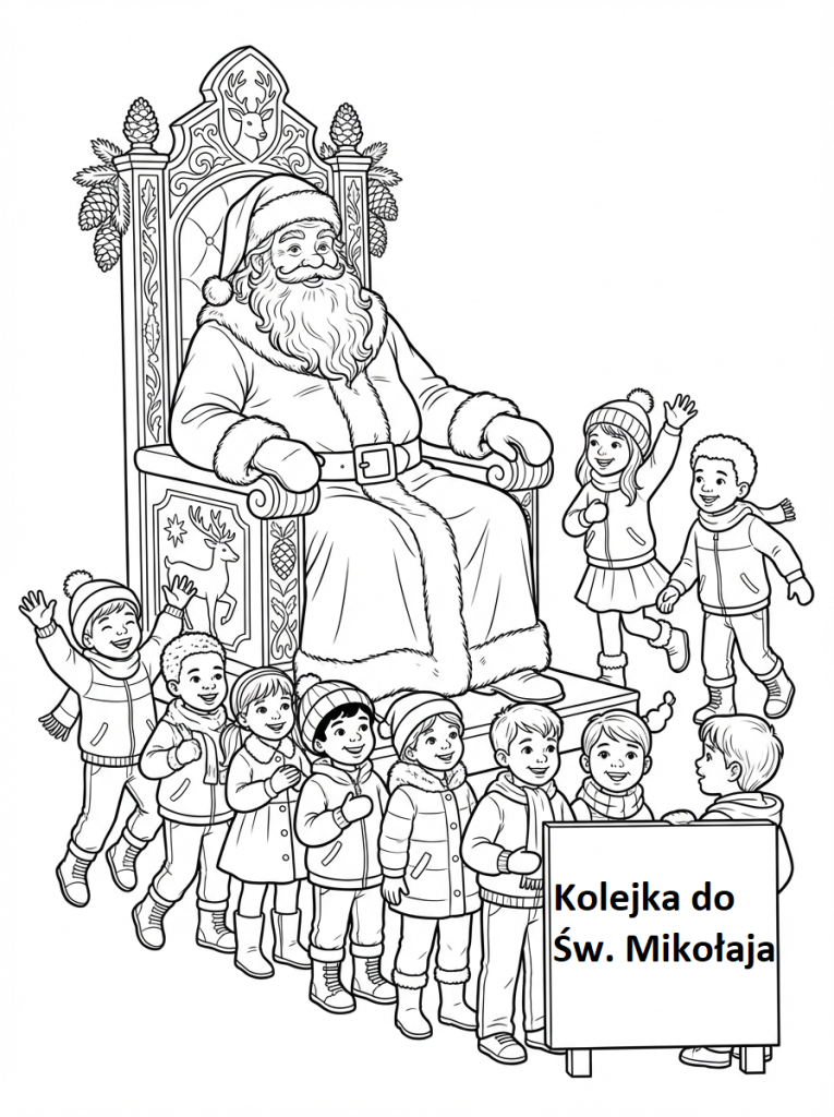 Święty Mikołaj siedzący na tronie i dzieci w kolejce czekające, by usiąść mu na