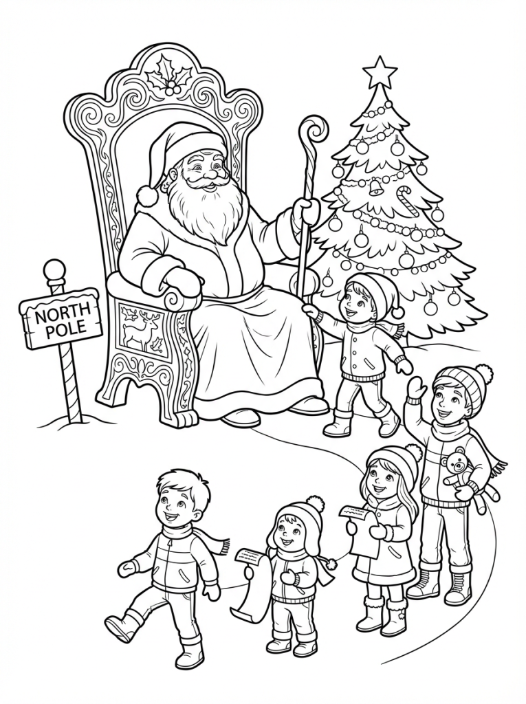 Święty Mikołaj siedzący na tronie i dzieci w kolejce czekające, by usiąść mu na (1)