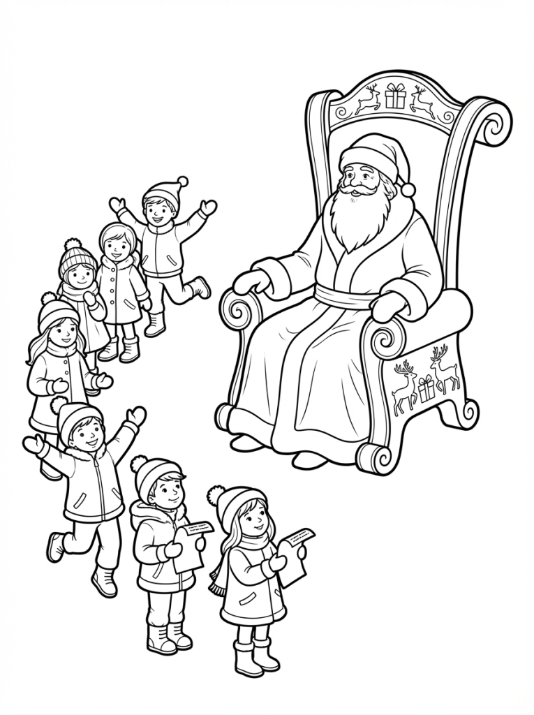 Święty Mikołaj siedzący na tronie i dzieci w kolejce czekające, by usiąść mu na (2)