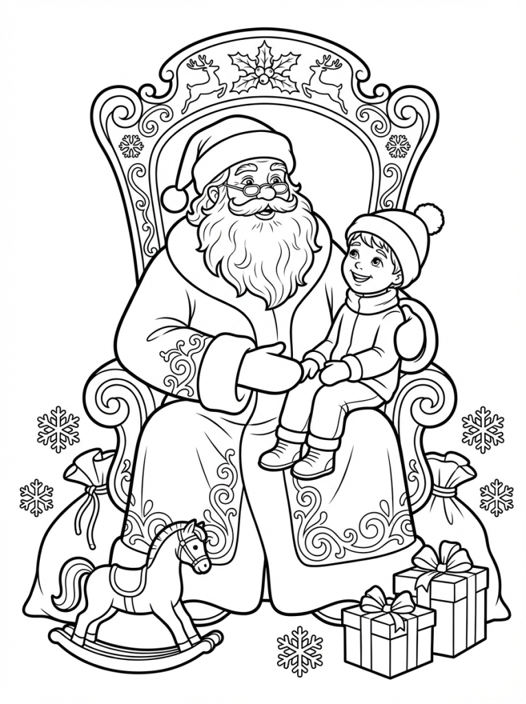 Święty Mikołaj siedzący na tronie z dzieckiem na kolanach