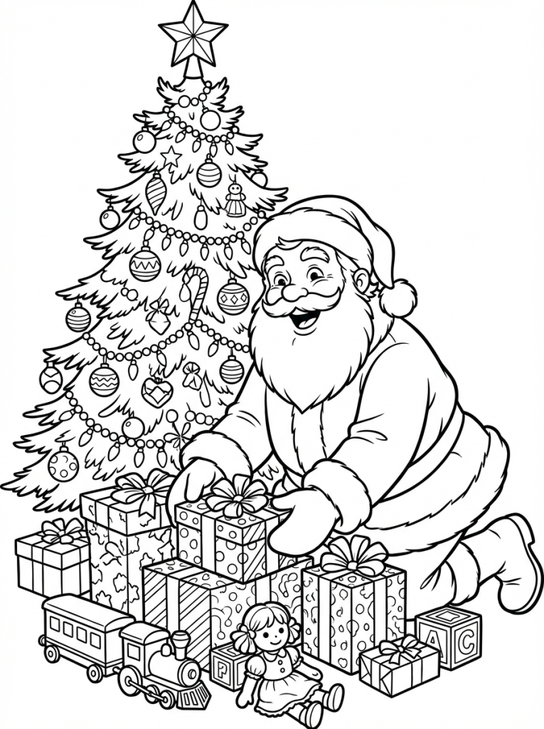 Święty Mikołaj układa prezenty pod choinką