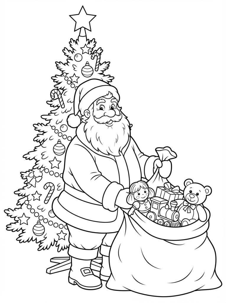 Święty Mikołaj z workiem prezentów stojący przy choince (1)