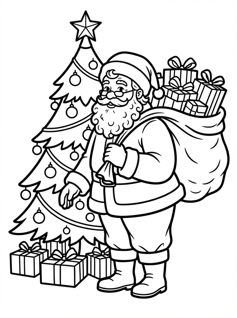 Święty Mikołaj z workiem prezentów stojący przy choince (3)