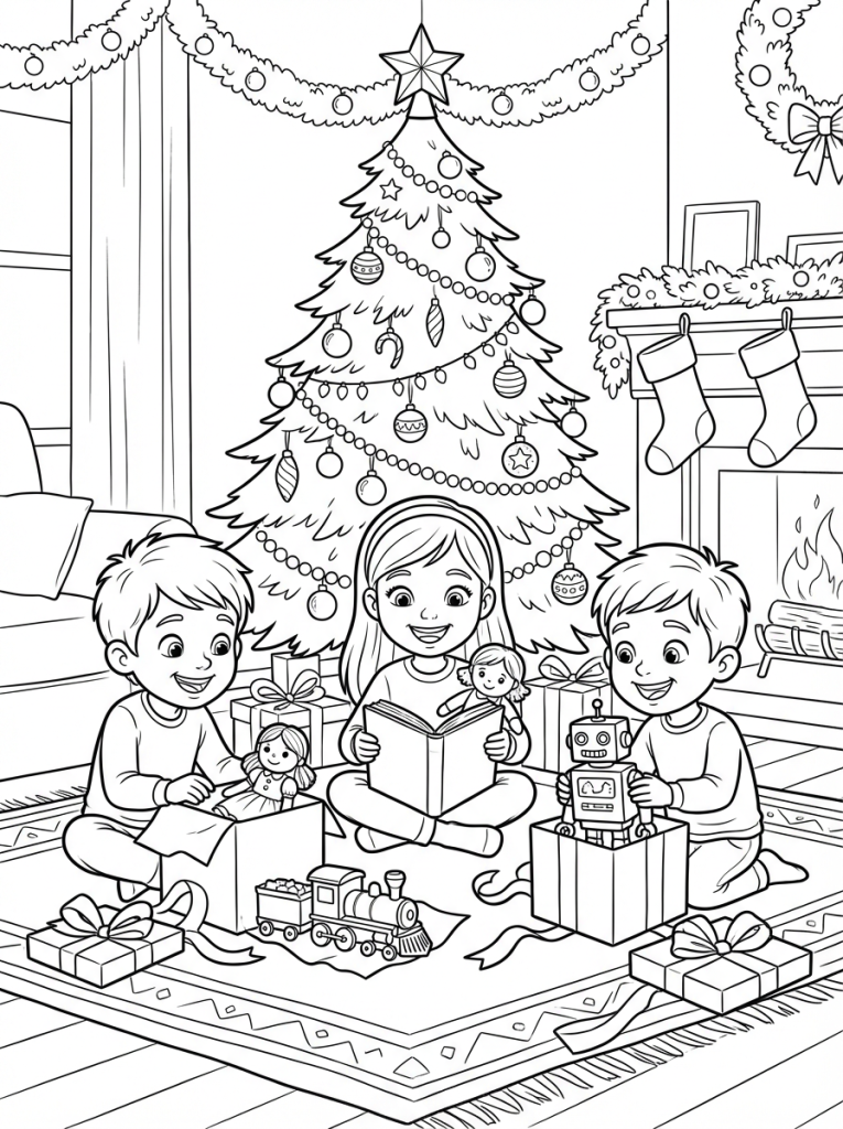 dzieci siedzą przed choinką i rozpakowują prezenty świąteczne