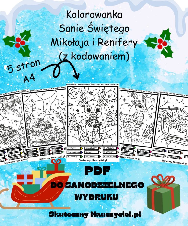 Kolorowanka: Sanie Świętego Mikołaja i Renifery (z kodowaniem) – 5 sztuk A4