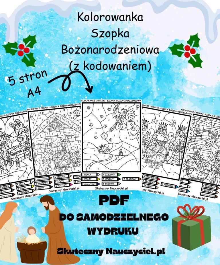 Kolorowanka: Szopka Bożonarodzeniowa (z kodowaniem) – 5 sztuk A4