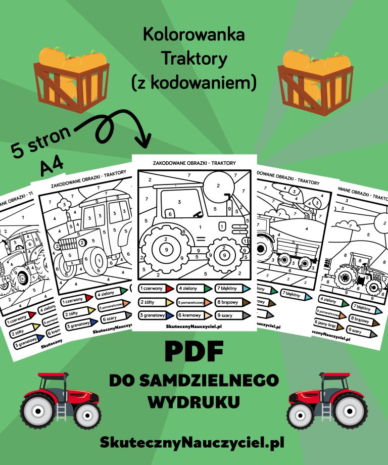 Kolorowanka: TRAKTORY (z kodowaniem) – 5 sztuk A4