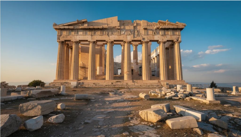 Na wzgórzu Akropolu znajduje się starożytna grecka świątynia Partenon