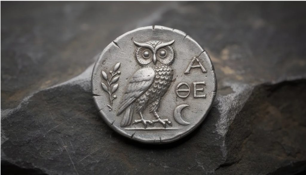 Starożytna grecka moneta z wizerunkiem sowy, symbolu mądrości i patronki Ateny