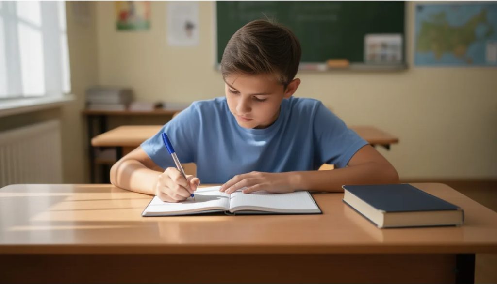 Uczeń przy biurku w klasie