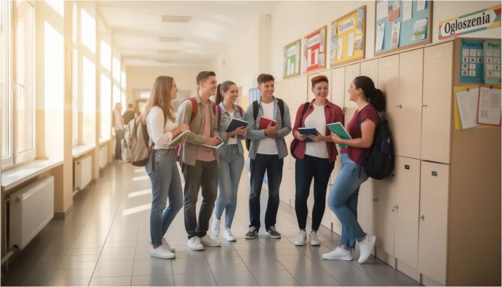 Uczniowie na przerwie na szkolnym korytarzu