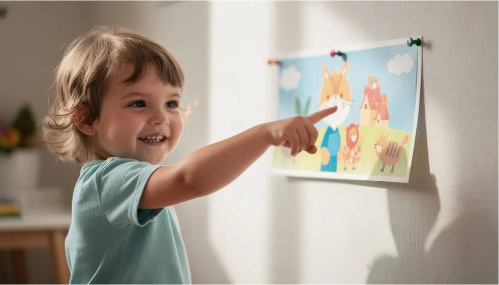 Przedszkolak z kartą obrazkową planu dnia