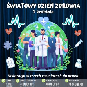 Światowy Dzień Zdrowia – dekoracja w 3 rozmiarach do druku (kula ziemska i lekarze)