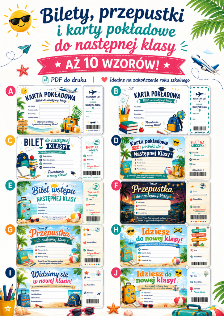 Karty pokładowe i przepustki do nowej klasy - PDF do druku (10 wzorów)
