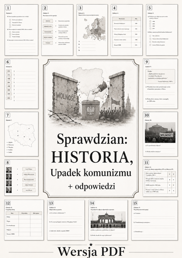 Sprawdzian z HISTORII PDF (klasa 8 dział 5) – Upadek komunizmu + odpowiedzi