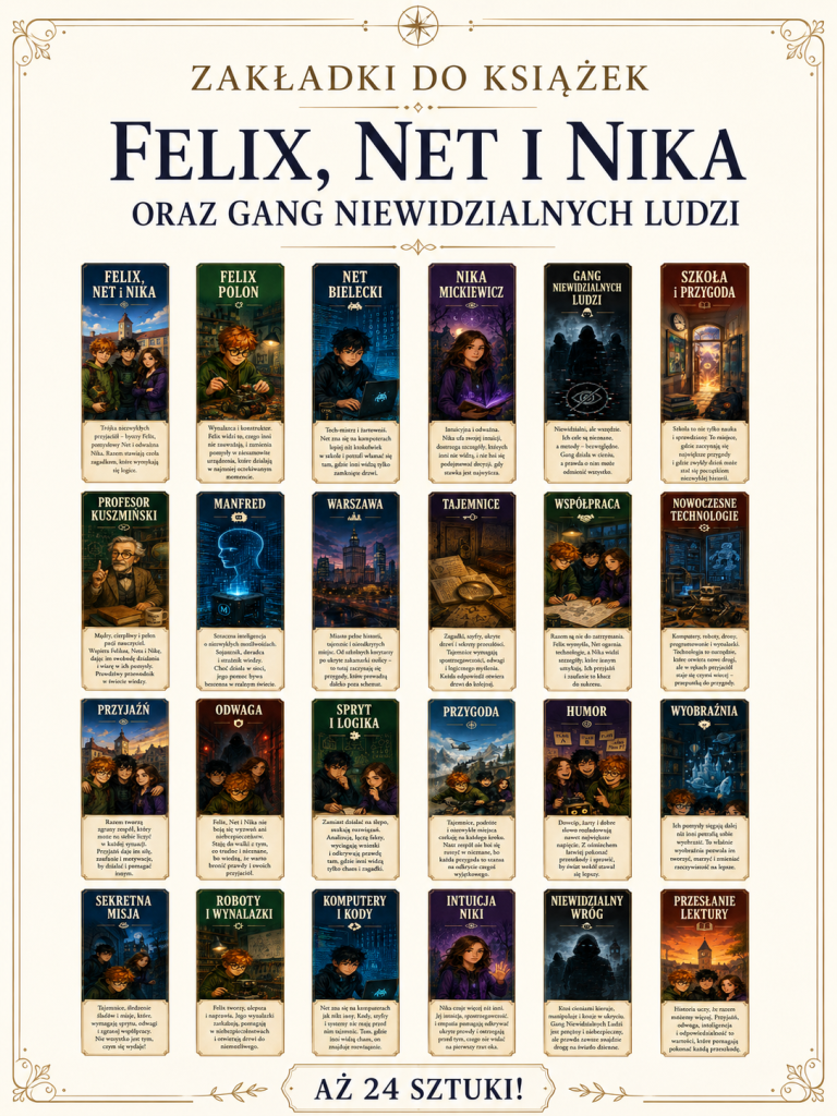 Felix, Net i Nika oraz Gang Niewidzialnych Ludzi – zakładki do książek do druku – PDF (24 sztuki)