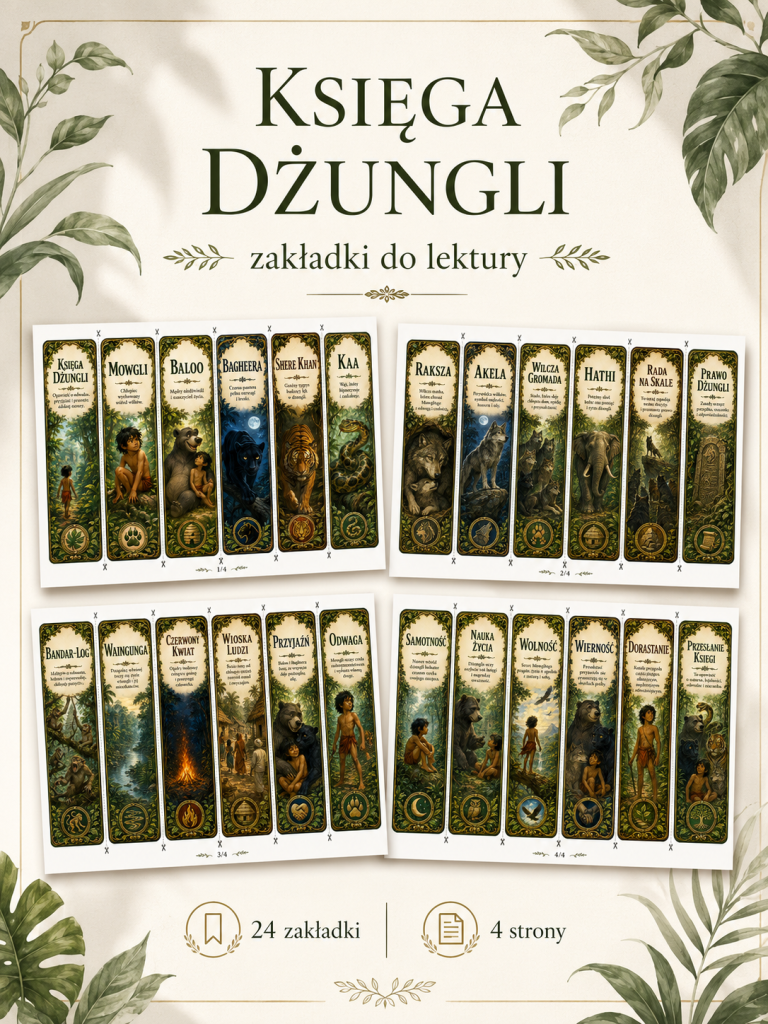 Księga Dżungli – zakładki do książek do druku – PDF (24 sztuki)