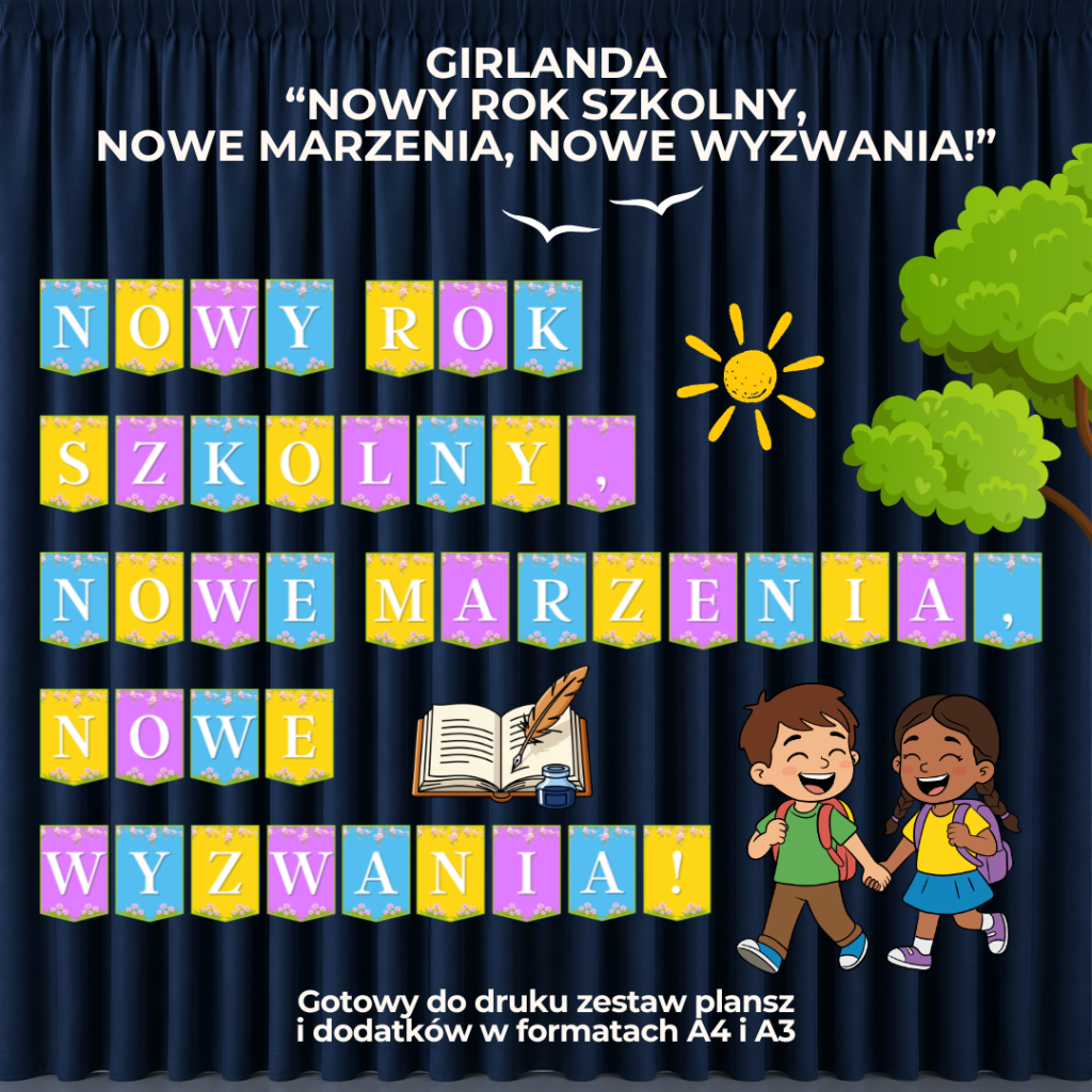 Napis Nowy rok szkolny, nowe marzenia, nowe wyzwania! – PDF do druku