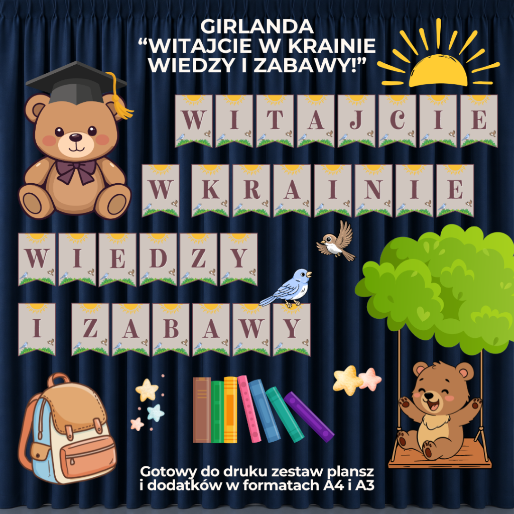 Napis Witajcie w krainie wiedzy i zabawy! - PDF do druku