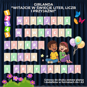 Napis Witajcie w świecie liter, liczb i przyjaźni! - PDF do druku
