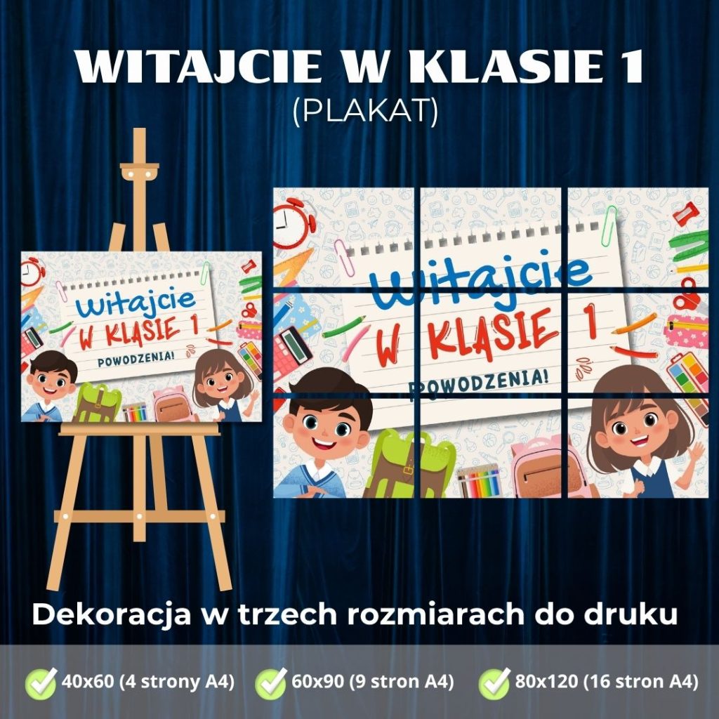 Napis, plakat powitalny „Witajcie w klasie 1” - PDF do druku (2)