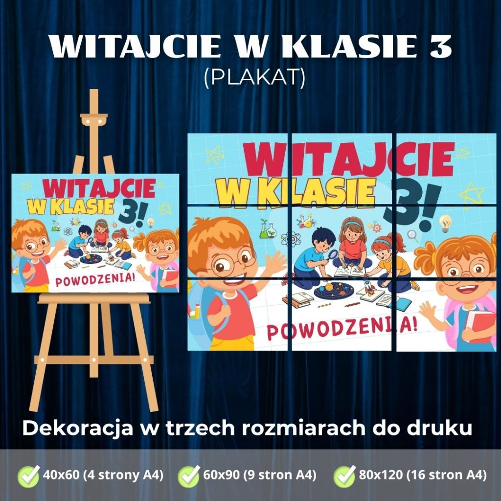Plakat powitalny „Witajcie w klasie 3!” – gotowa dekoracja do druku (2)