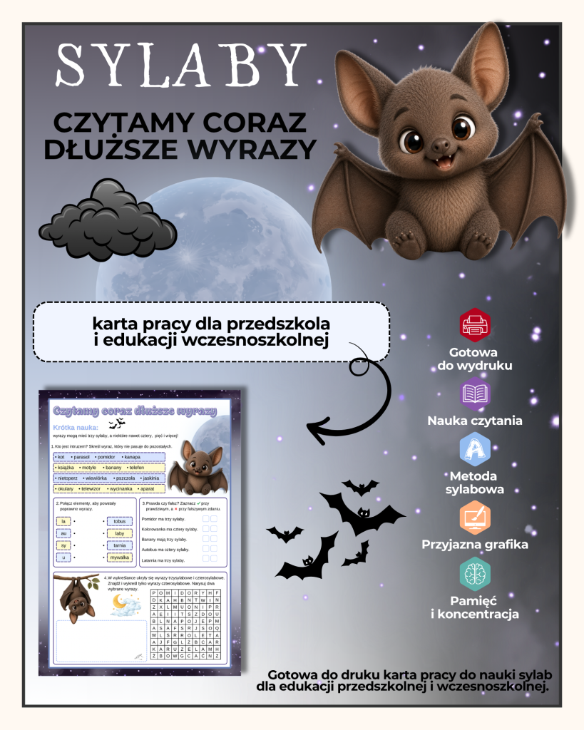 Sylaby - karty pracy - (Czytamy coraz dłuższe wyrazy) - PDF do druku
