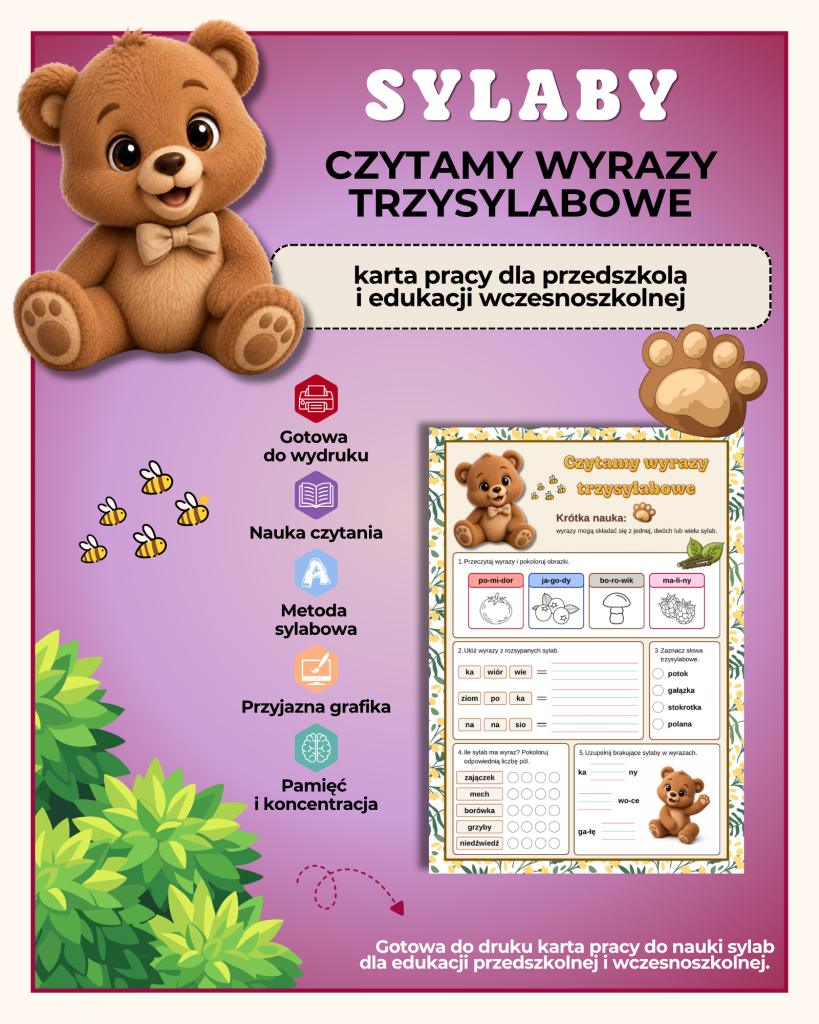 Sylaby - karty pracy - (Czytamy wyrazy trzysylabowe) - PDF do druku