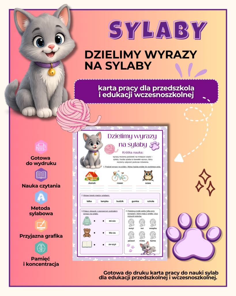 Sylaby - karty pracy - (Dzielimy wyrazy na sylaby) - PDF do druku