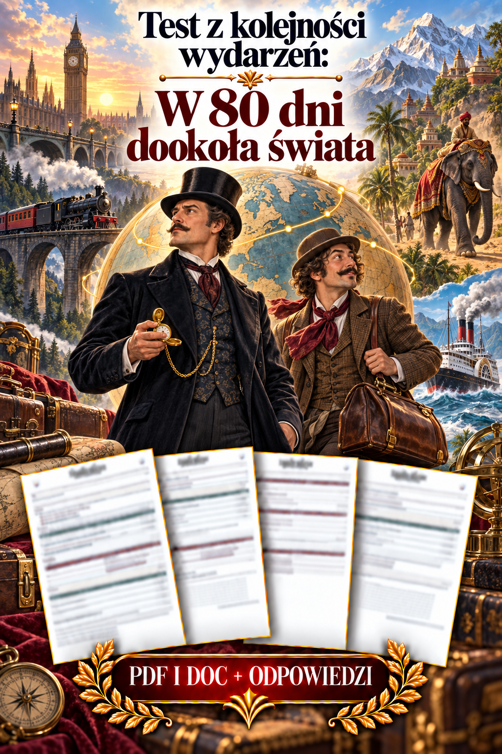 Sprawdzian W 80 dni dookoła świata – kolejność wydarzeń – (DOC + PDF) + odpowiedzi
