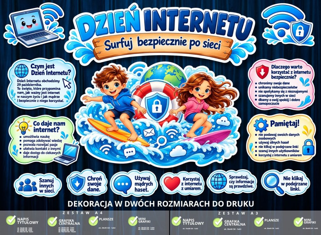 Dekoracja edukacyjna „Dzień Internetu – Serfuj bezpiecznie po sieci” (do druku) (1)