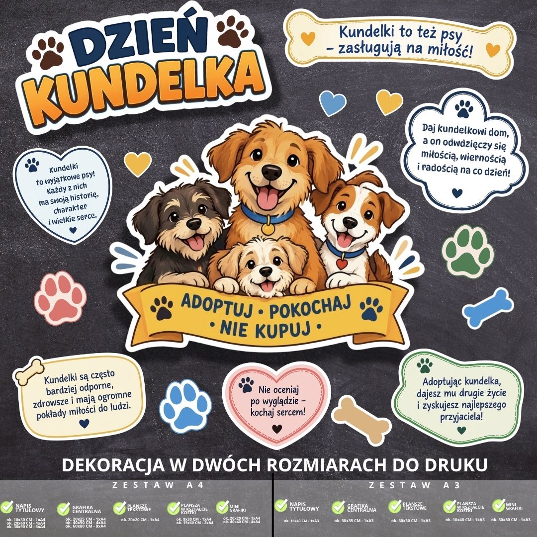 Dekoracja na Dzień Kundelka – 2 rozmiary – do druku (pieski) (1)