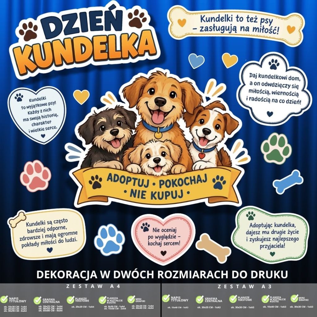 Dekoracja na Dzień Kundelka – 2 rozmiary – do druku (pieski) (2)