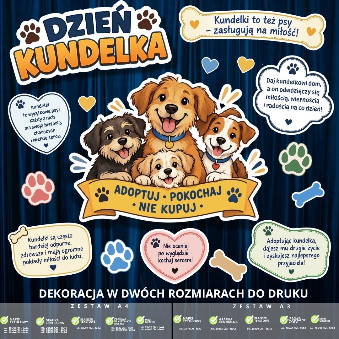 Dekoracja na Dzień Kundelka – 2 rozmiary – do druku (pieski) (3)