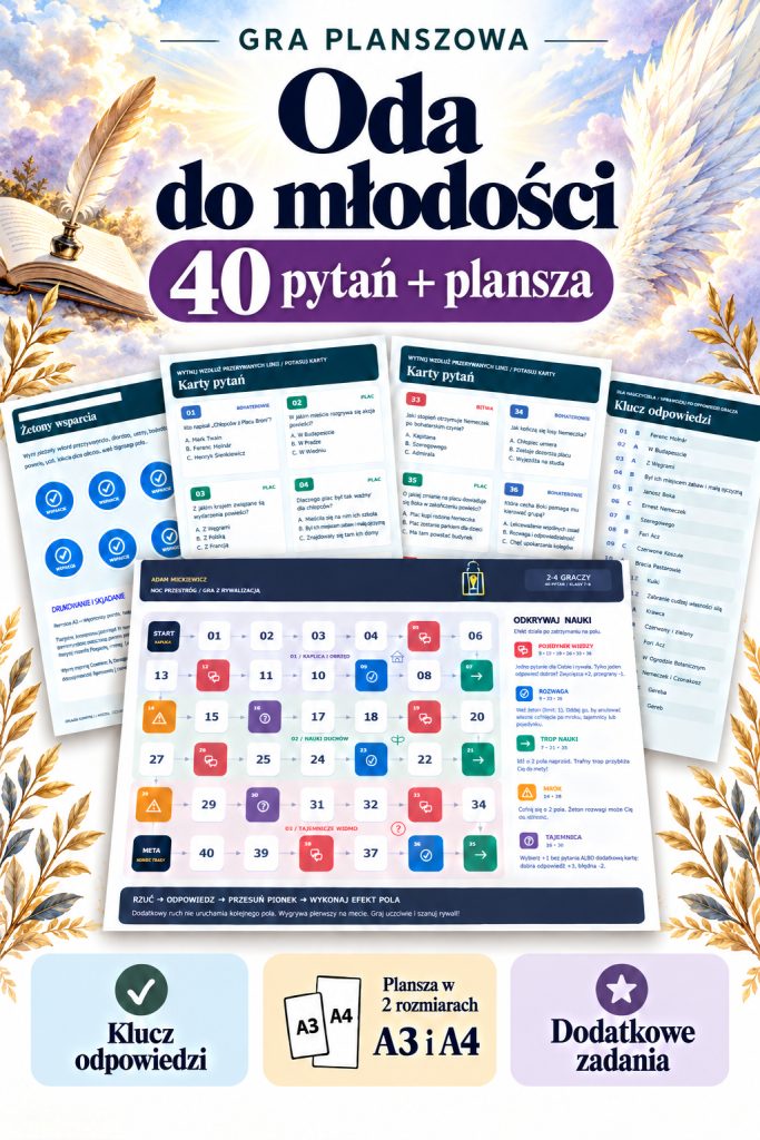 Oda do młodości – gra planszowa – 40 pytań + plansza (grywalizacja)