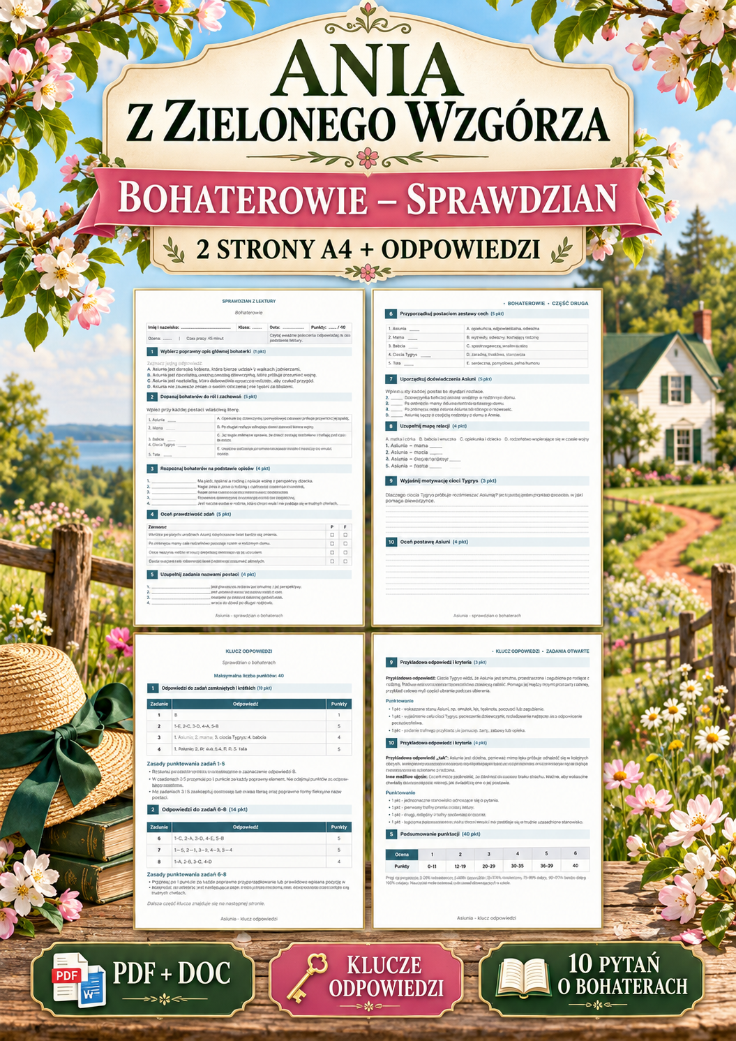 ania-z-zielonego-wzgorza-bohaterowie-sprawdzian-2-strony-a4-odpowiedzi